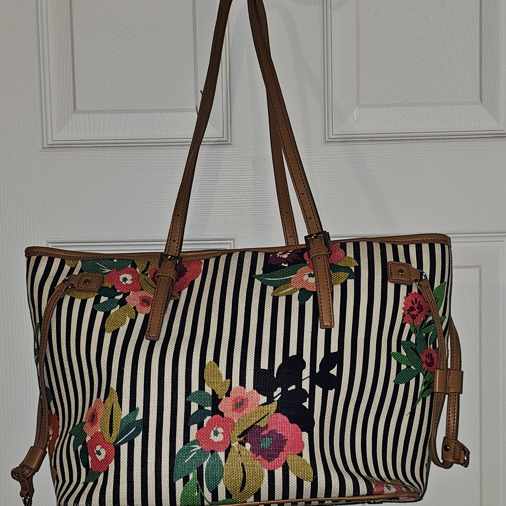 Spartina 449 Black and White Striped Floral Tote Shelter Cove